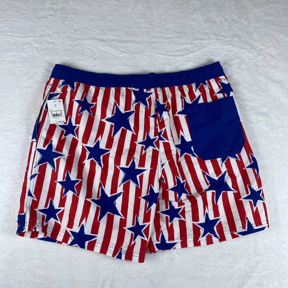 Mad Engine Swim Shorts Men L Blue Red Star Print Striped Americana Thermal Lined